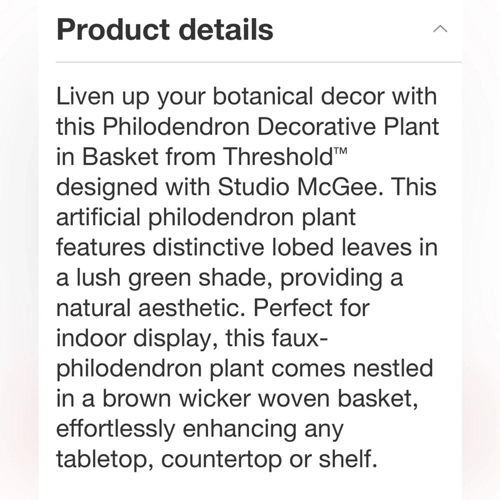 STUDIO MCGEE NWT faux philodendron decorative plant in basket -18”